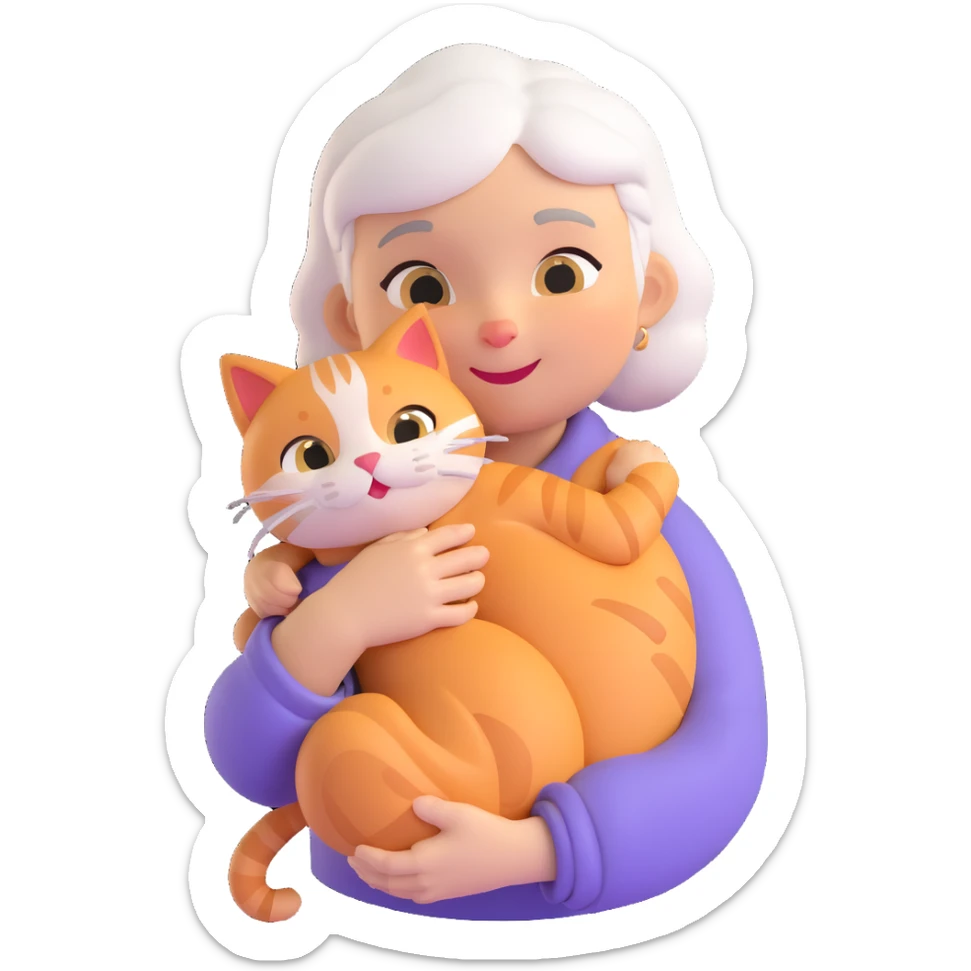 Show only one cat in the grandmother's arms, 3d emoji style, with no background (transparent) sticker