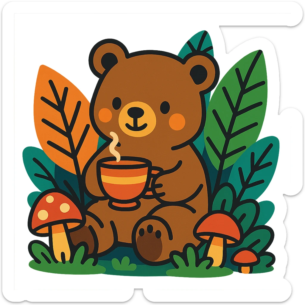little bear sipping tea in the forest, surrounded by leaves and mushrooms, vibrant-toon style sticker