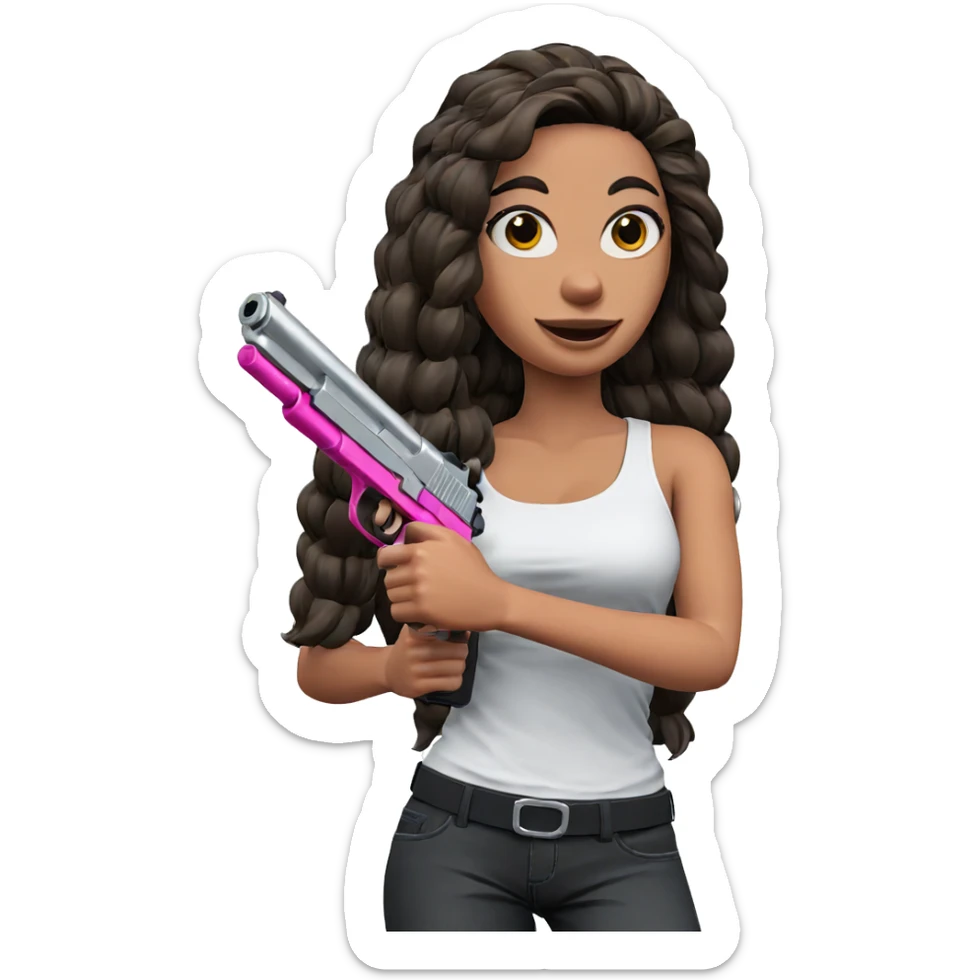 smiling girl with gun sticker
