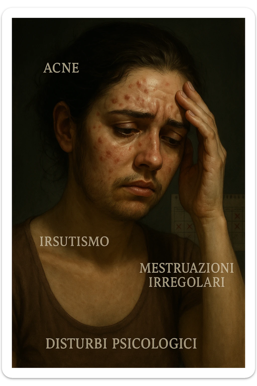 vertical realistic illustration: woman showing PCOS signs such as acne, hirsutism, irregular menstruation, psychological distress. Dramatic clinical lighting, Italian captions, aspect ratio 2:3 sticker