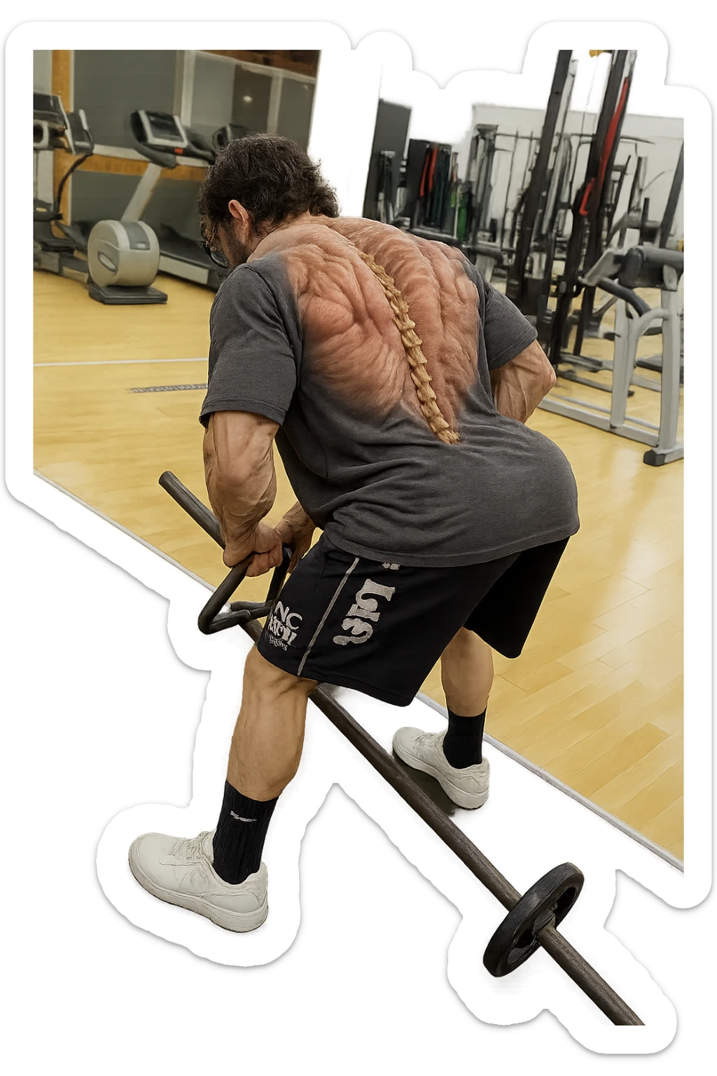 lascia questa immagine identica in cui lui esegue un T-bar con triangolo ma aggiungi fasci muscolari e spina dorsale sulla sua schiena, iperealistico 4k sticker