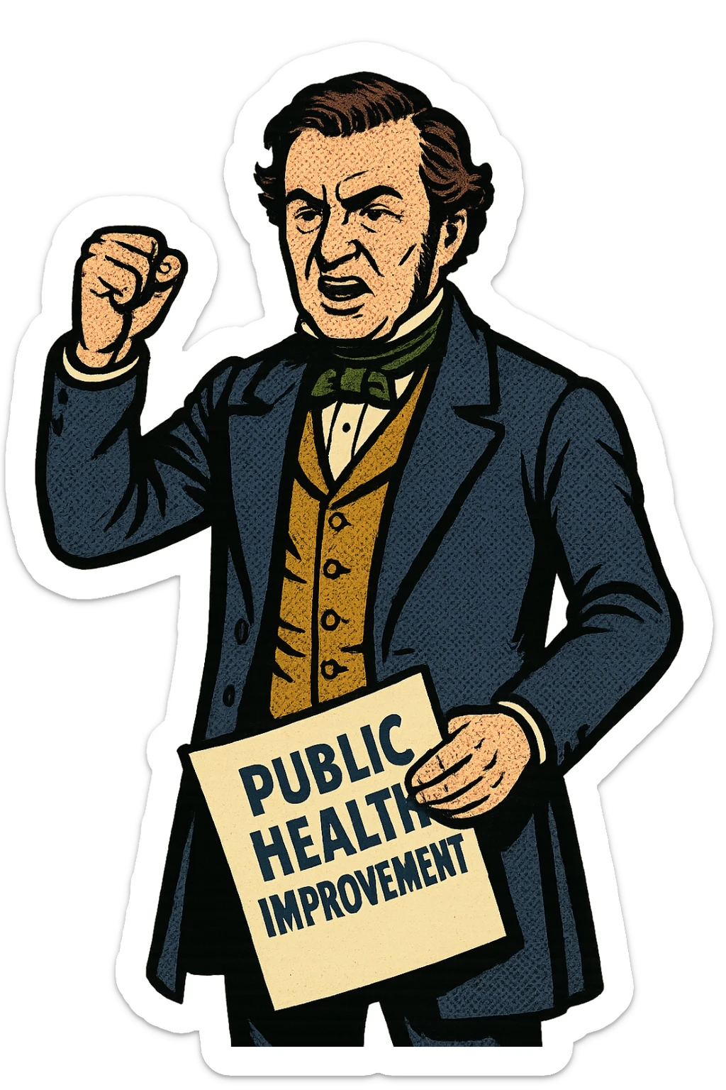 the full image of a middle aged victorian politician holding a document in his left hand which reads 'Public Health Improvement'. sticker