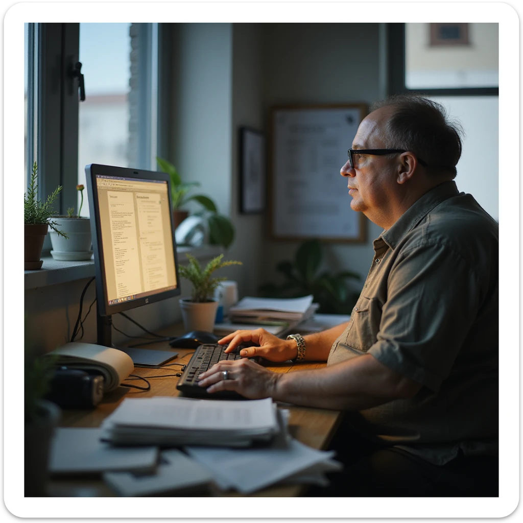 Office: slim colleague working quickly, obese person looking at monitor with lost air, desk full of messy notes, realistic atmosphere, hyperrealistic 4K details. sticker