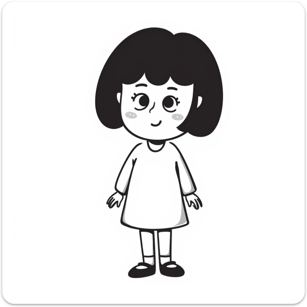 cute girl with blunt bangs, mid-short hair, big eyes, hand-drawn doodle style sticker