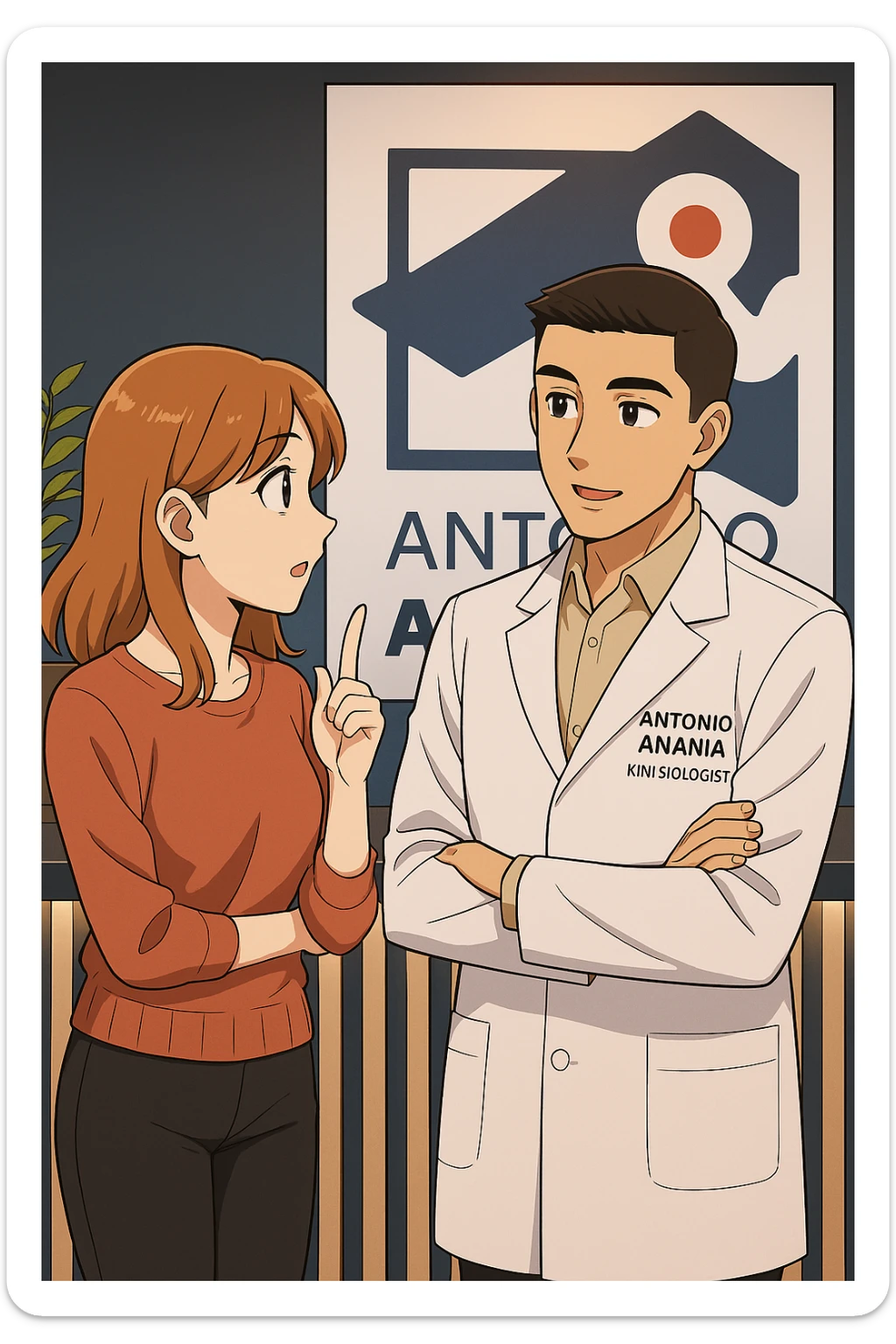 su questo stile fai un manga/webtoon a colori in cui una donna incuriosita fa una DOMANDA ALL'UOMO, l'uomo della foto in stile manga LE risponde, mantieni un ambiente simile alla foto che ho allegato con il suo logo (sarebbe il suo studio, lui è un kinesiologo), scrivigli "ANTONIO ANANIA" sul camice bianco, non mettere fumetti, ma fai in modo che sembri che la donna CHIEDA curiosa E L'UOMO le risponda sticker