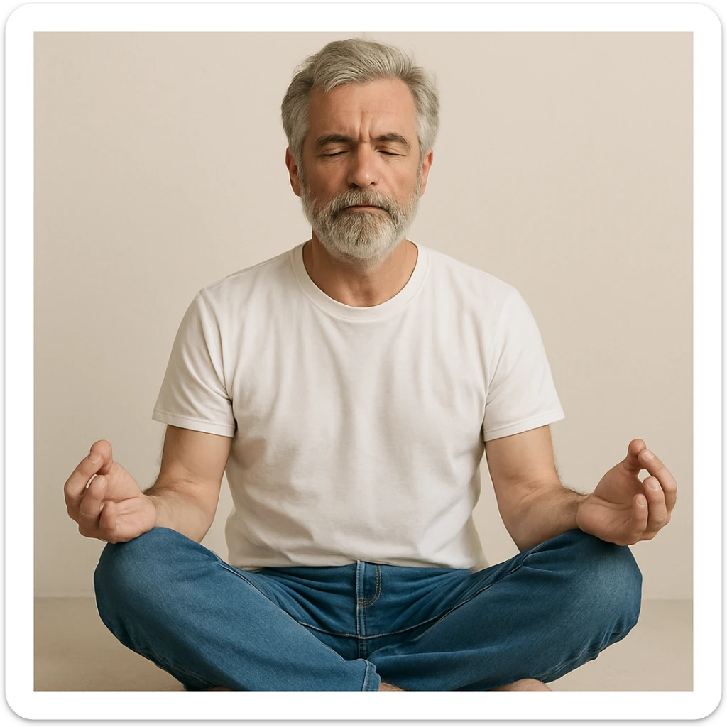 grey-haired and bearded white man meditating, wearing a white t-shirt and blue jeans, simple background sticker