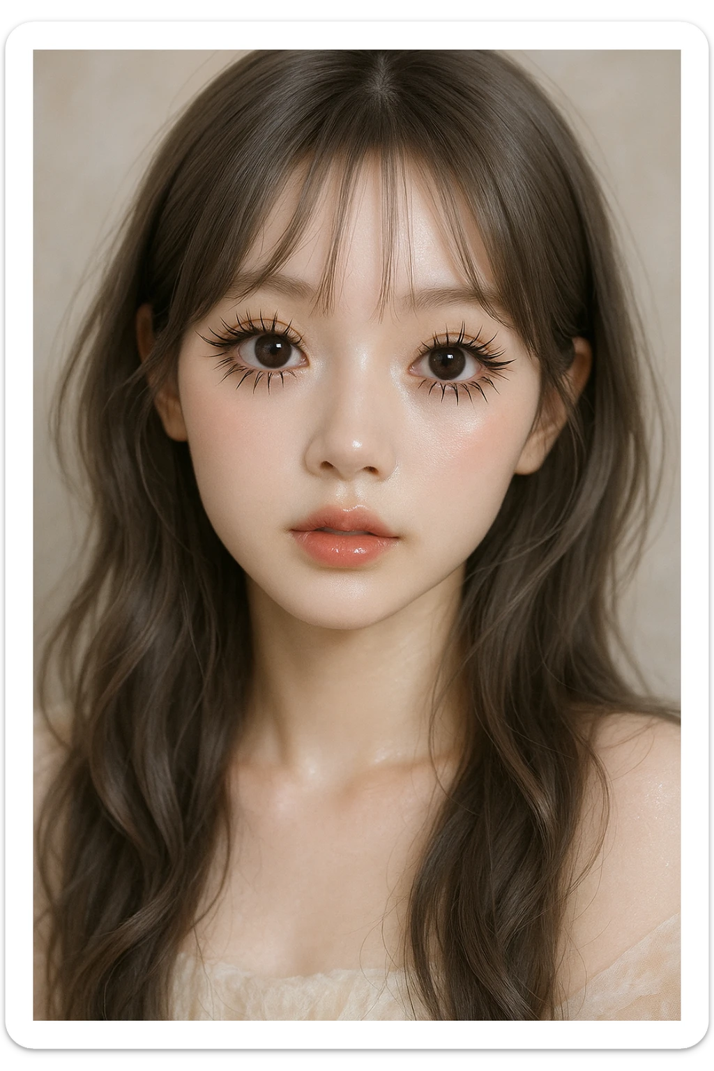 korean douyin makeup girl, brown-gray hair, large doe eyes, dramatic spider lashes, angelic expression, glowing skin sticker