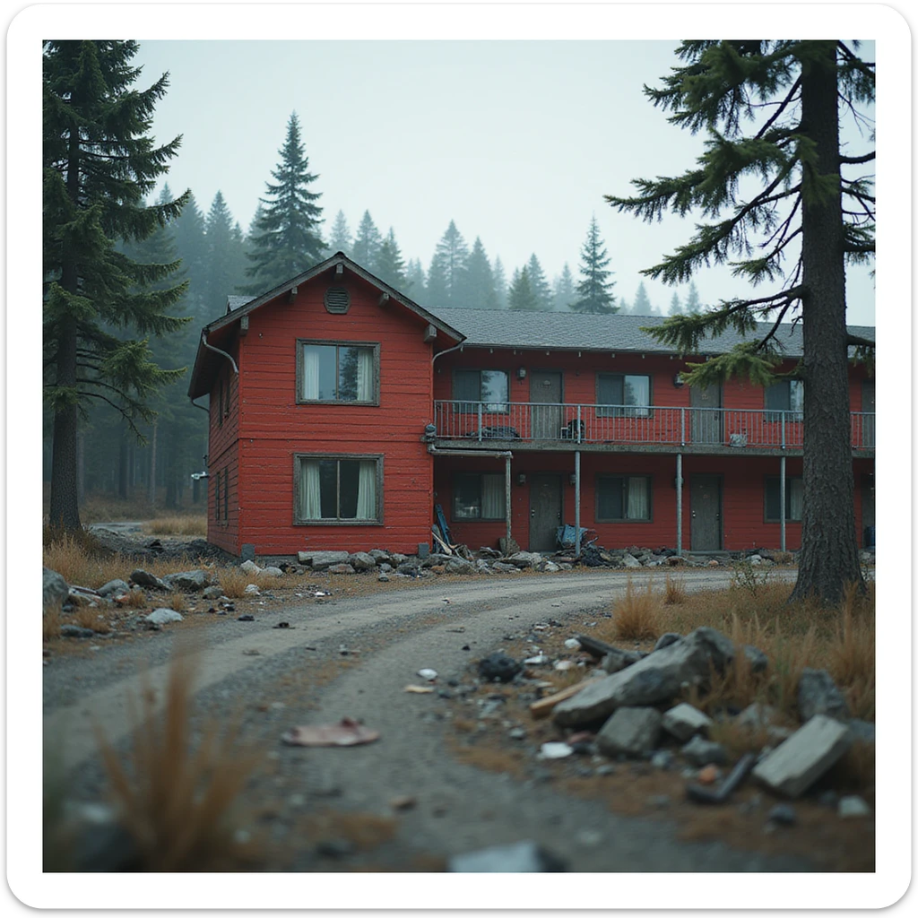  a screenshot of a location in a videogame  the image of the scene consists of:  [above-ground vacant train freeway partially collapsed], a red 1980's construction mansionesque wooden motel painted red, surrounded by war-torn pollution wreckage, wooded area sticker