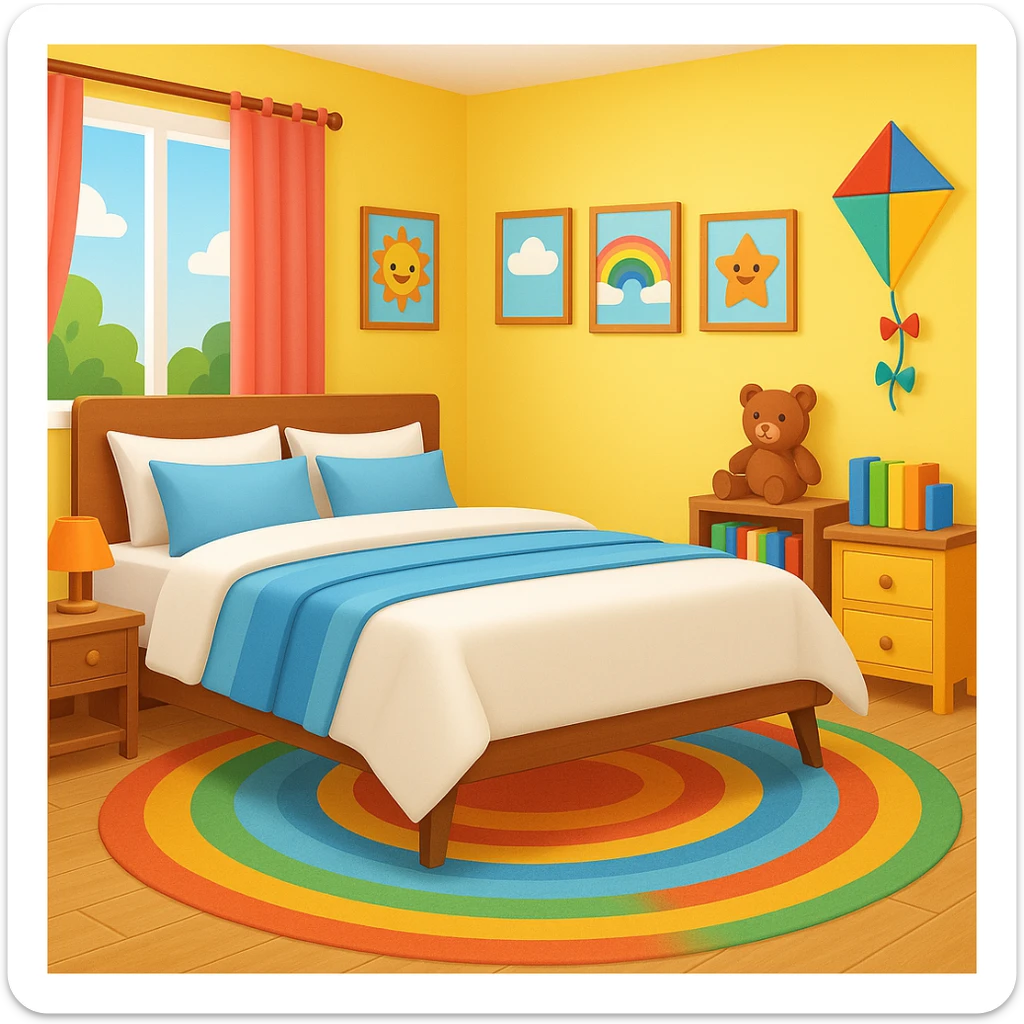 Add a colorful bedroom background with bright walls, playful decorations, and a cozy rug. Keep the room tidy and inviting in emoji style sticker