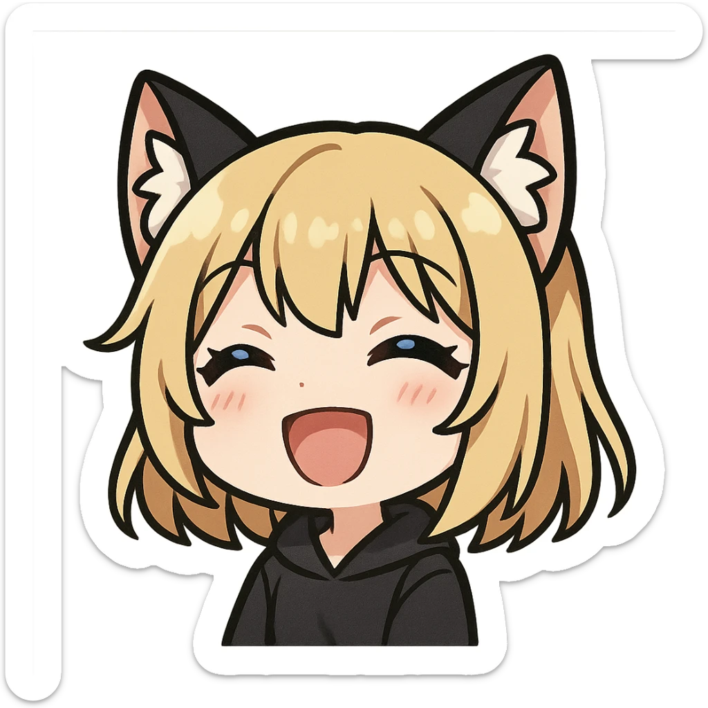 chibi anime catgirl with black and white cat ears, blonde hair, blue eyes, white skin, cute, happy expression, Twitch emote sticker