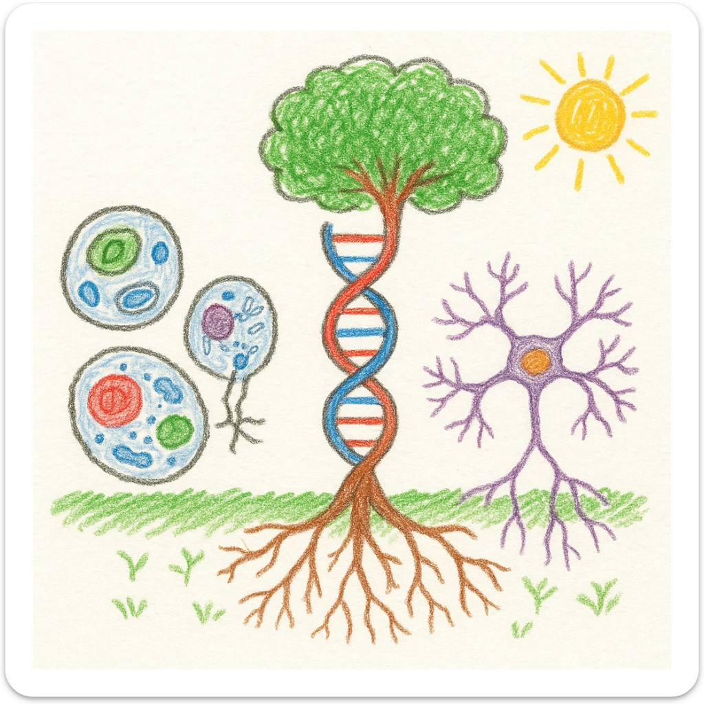 A realistic biological illustration (like in a school book) showing: DNA strands transitioning into a tree, cells with visible organelles, neurons connected to plant roots  and a balanced ecosystem background . Seamless integration, no labels or borders, white background, detailed but minimalist.  sticker