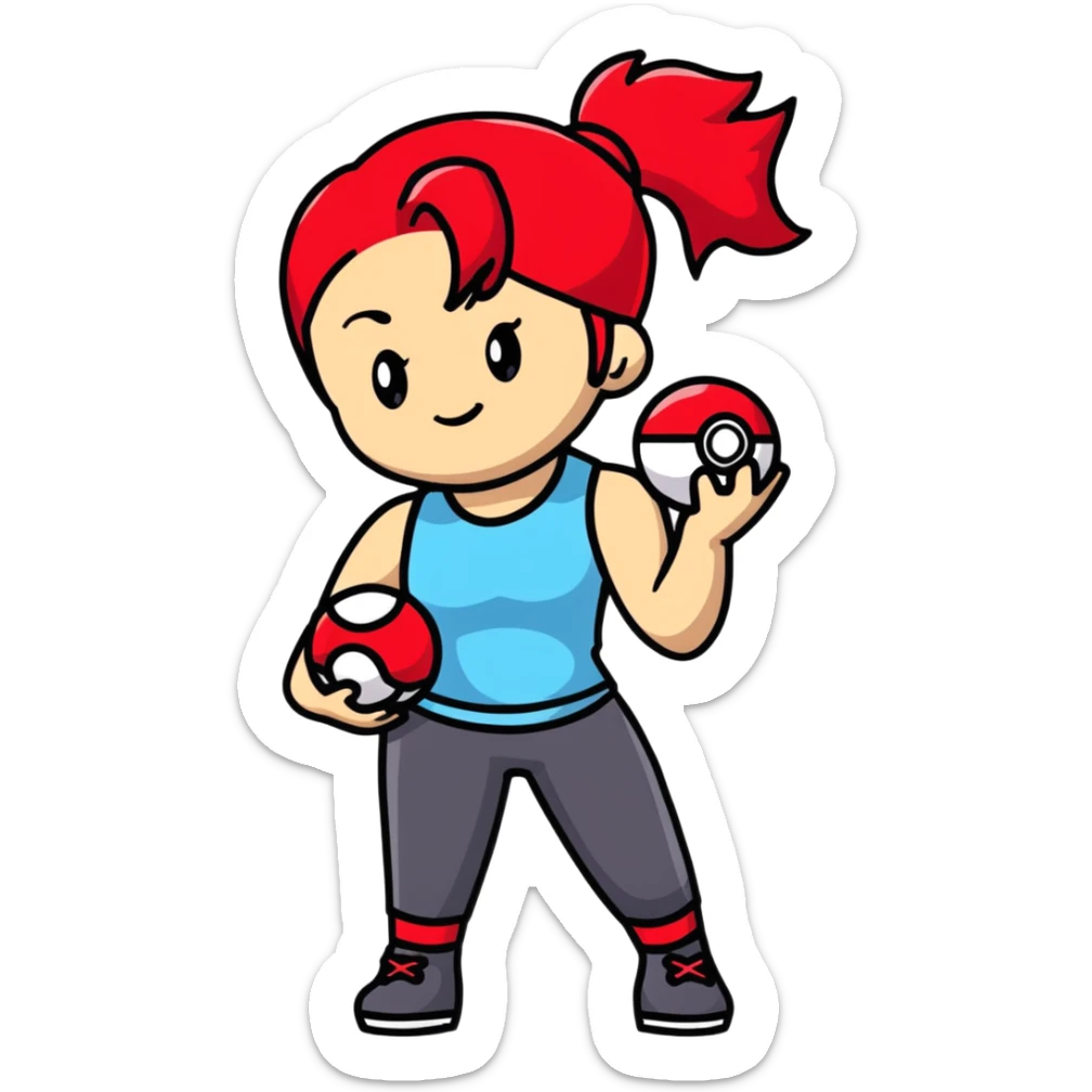 female pokemon trainer with red hair in a ponytail, holding a pokeball, confident pose sticker