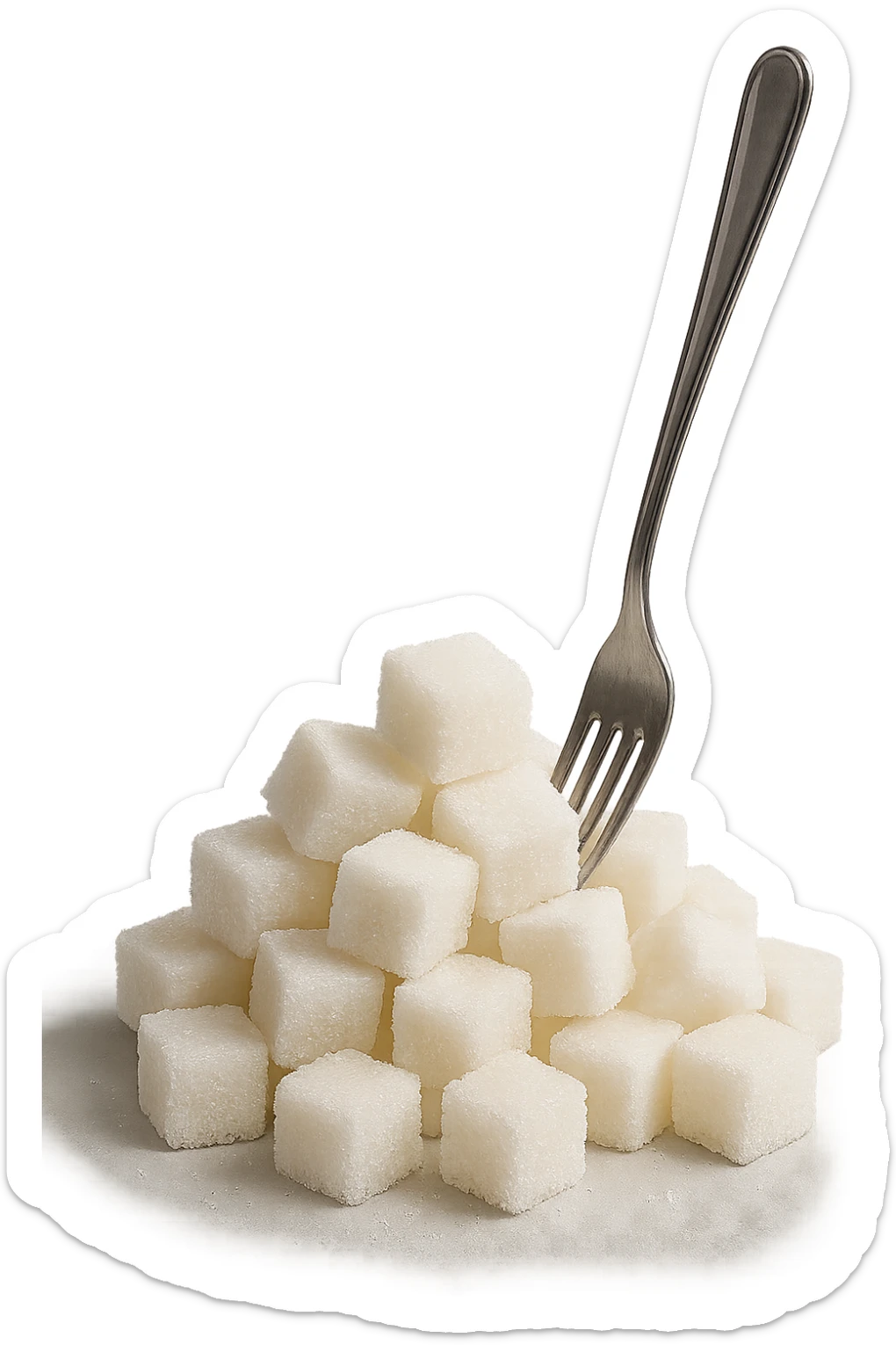 monagna di zollette di zucchero con una forchetta appizzata sopra, iperrealistico 4k sticker