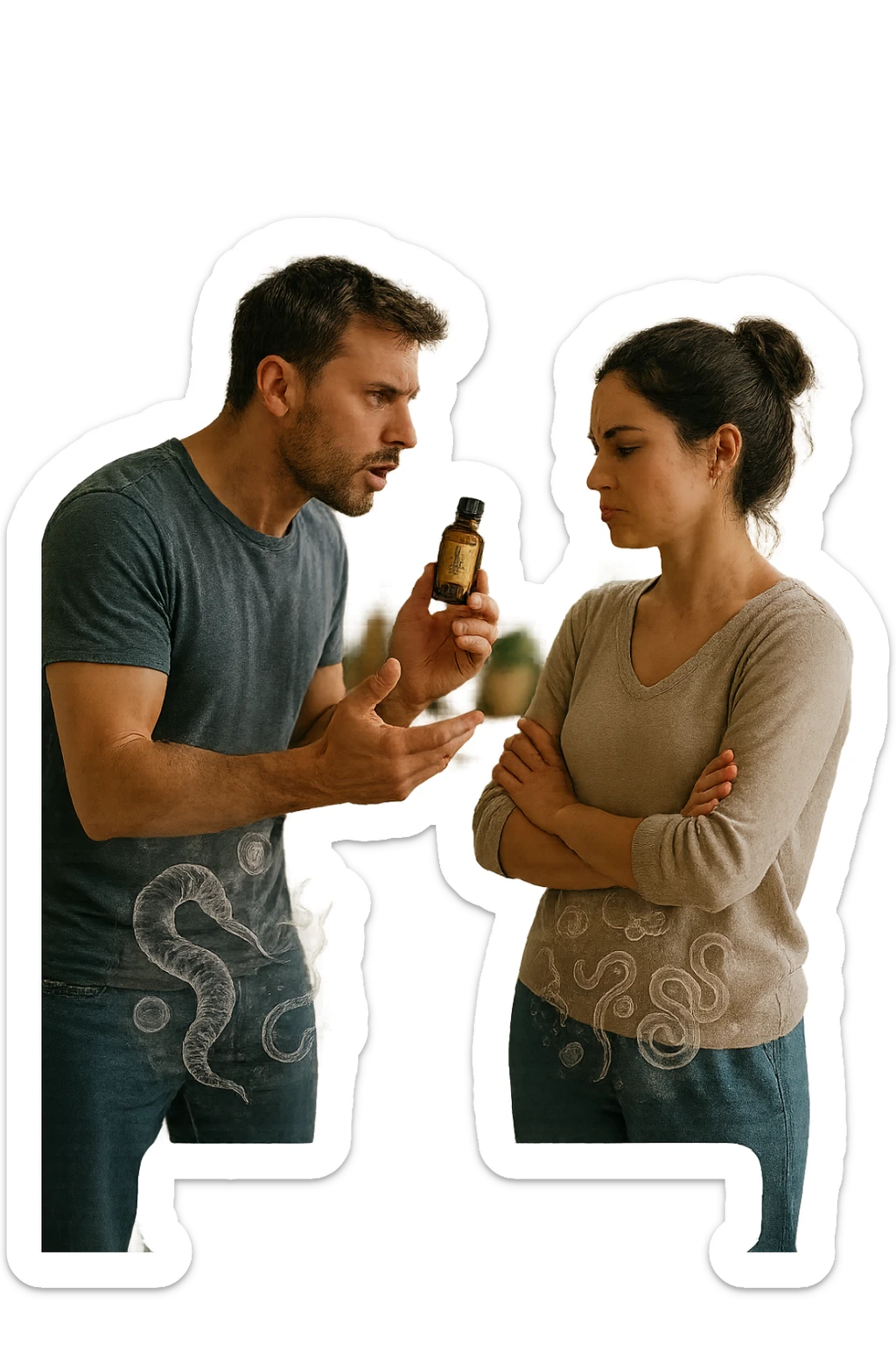 A highly realistic, cinematic photo of a young couple in their early 30s having an argument in a bright modern kitchen. The man, athletic build, wearing a casual T-shirt and jeans, is speaking firmly with a raised hand holding a small amber glass bottle labeled with a subtle herbal symbol, saying 'Andiamo a fare il trattamento antiparassitario' with a determined expression. The woman, with long dark hair tied in a messy bun, casual home outfit, crosses her arms with an angry, defensive expression, replying 'Ti ho detto di no! Io non ci credo!' while slightly turning away. Tension is visible in their body language, with the man leaning forward trying to explain and the woman leaning back, her eyebrows furrowed. Around them, subtle ghostly overlays of microscopic parasites are faintly visible near their abdominal areas, symbolizing the hidden reason for the argument. The kitchen is bright and modern with plants and natural light, contrasting the emotional tension. The style is hyperrealistic with warm tones and shallow depth of field focusing on their facial expressions, illustrating the conflict between belief in natural treatments and skepticism within the couple regarding hidden parasitic infections. in italiano sticker