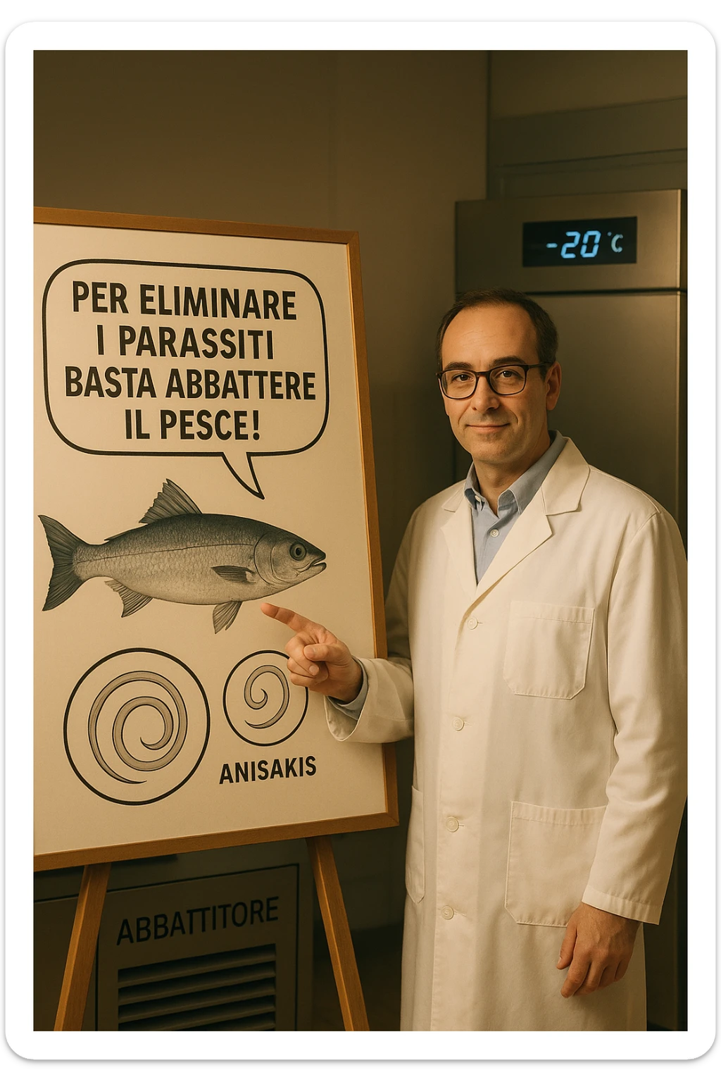 cinematic a scientist in a white lab coat stands beside a large poster showing a fish and a diagram of the Anisakis parasite. The scientist points to a speech bubble that says, “Per eliminare i parassiti basta abbattere il pesce!” In the background, a blast freezer is visible, with a temperature gauge set to -20°C. The mood is informative and reassuring. In italiano sticker