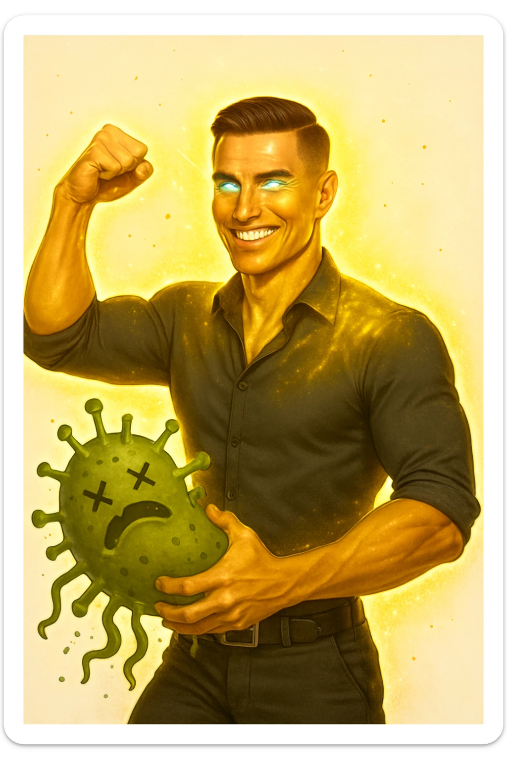 Un uomo atletico (30-40 anni) dalla pelle perfettamente liscia, senza cicatrici o imperfezioni, che emana un leggero bagliore dorato (metafora degli anticorpi).
Occhi brillanti con riflessi blu-verdi (simbolo di salute estrema).
Postura eroica, con un braccio sollevato in un gesto di forza, mentre con l'altro tiene un batterio gigante schiacciato come se fosse un mostro sconfitto. sticker