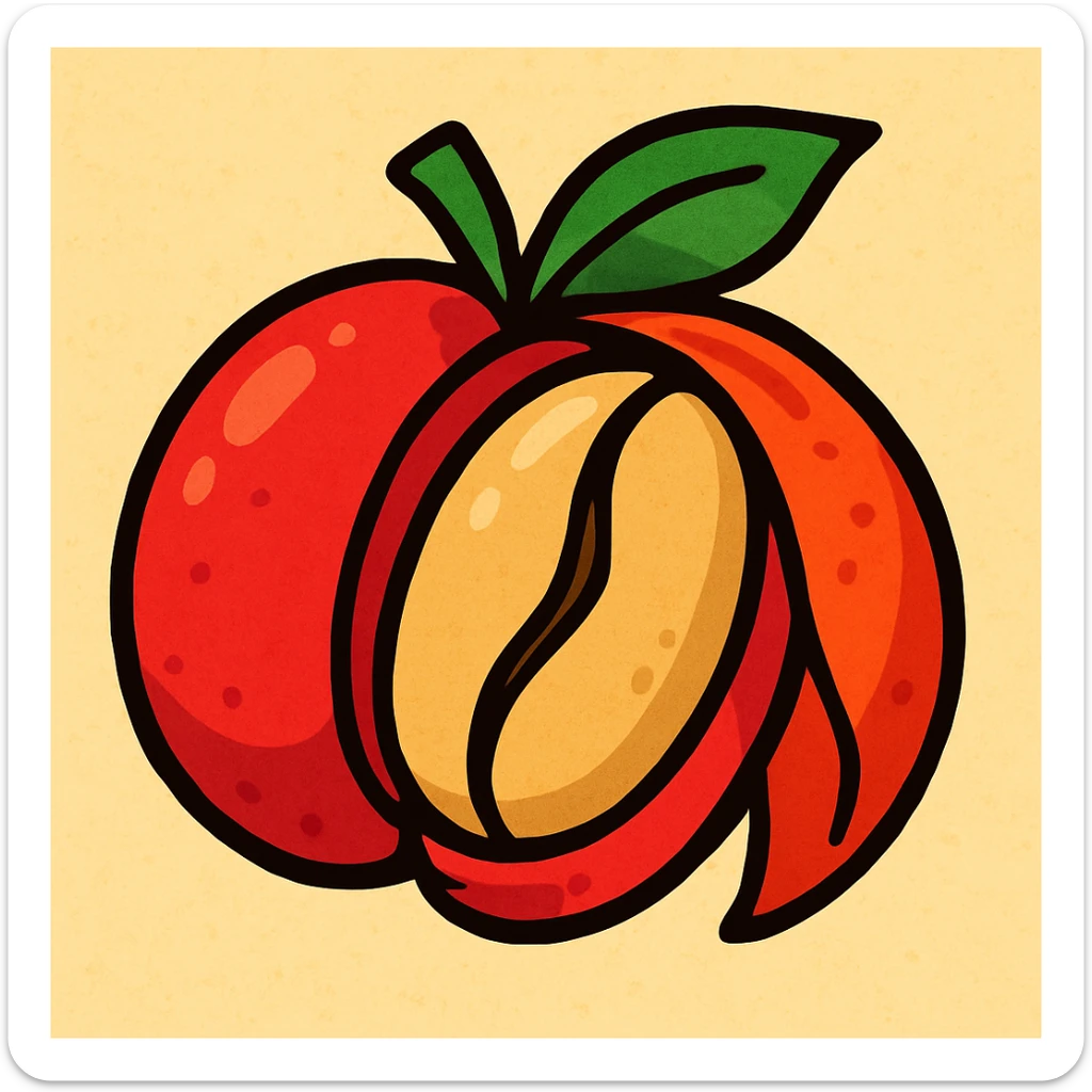 vibrant toon style coffee berry with the outer skin peeled back to show the coffee bean sticker