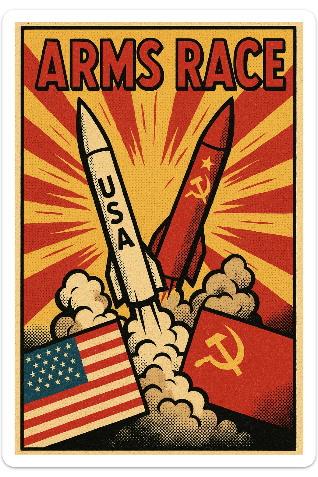 An poster showing the image of an ARMS RACE between the USA and Soviet Union during the Cold War with images of nuclear missiles sticker