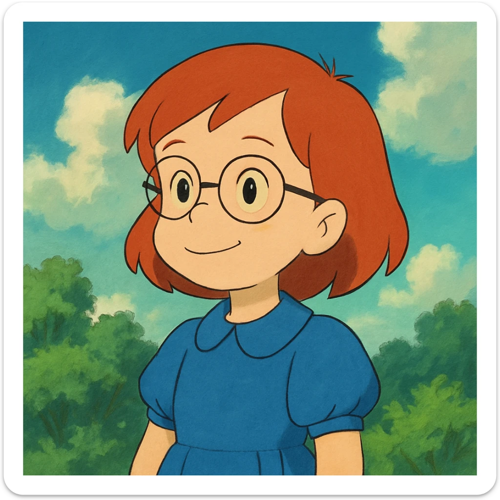 Little Suzy from Johnny Bravo, smart young girl with red hair, blue dress, in Ghibli art style sticker