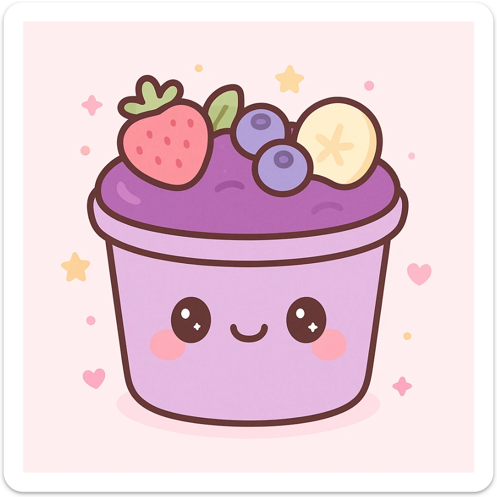 Acai bowl in a purple plastic cup, kawaii style, cute face on cup, purple acai, playful fruit toppings sticker