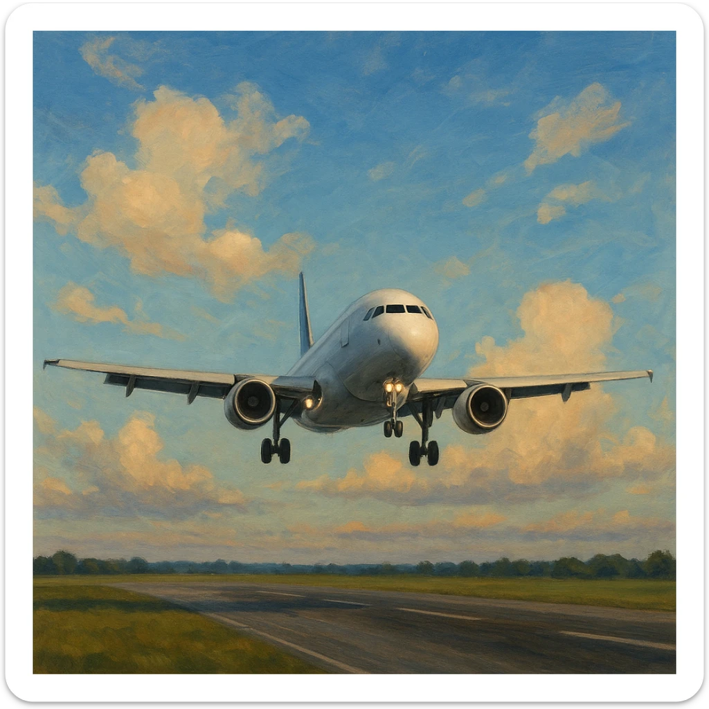 avion qui atterrit, style semi-réaliste, couleurs naturelles, ciel en arrière-plan sticker