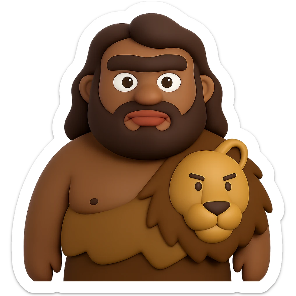 Make the caveman chunkier, give him a unibrow, darker skin, and clothing made out of lion skin. The original style is 3D emoji style, but since it does not support editing, please keep the look as close as possible to 3D emoji style while making these changes. Remove the background. sticker