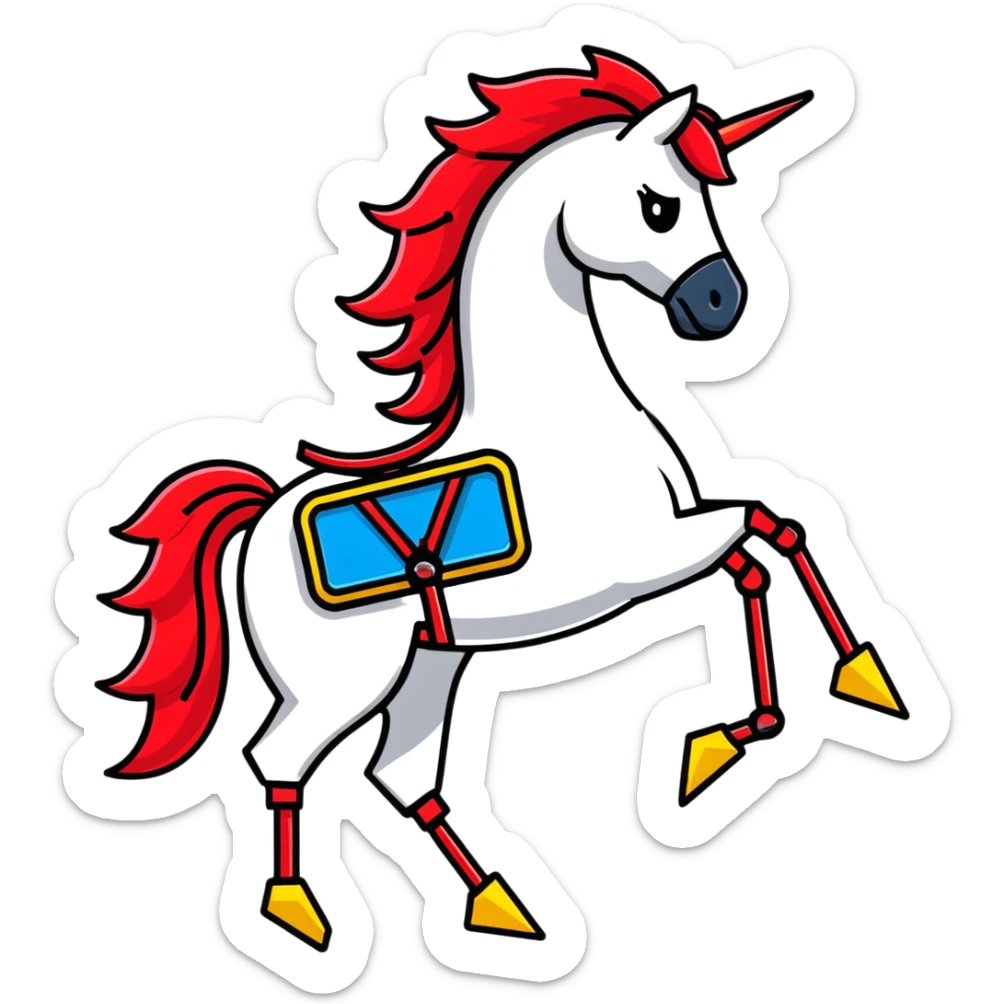 fast electric horse made of electricity, metal plates, bolts, visible blue and red wires, lightning coursing through its body, robotic appearance sticker