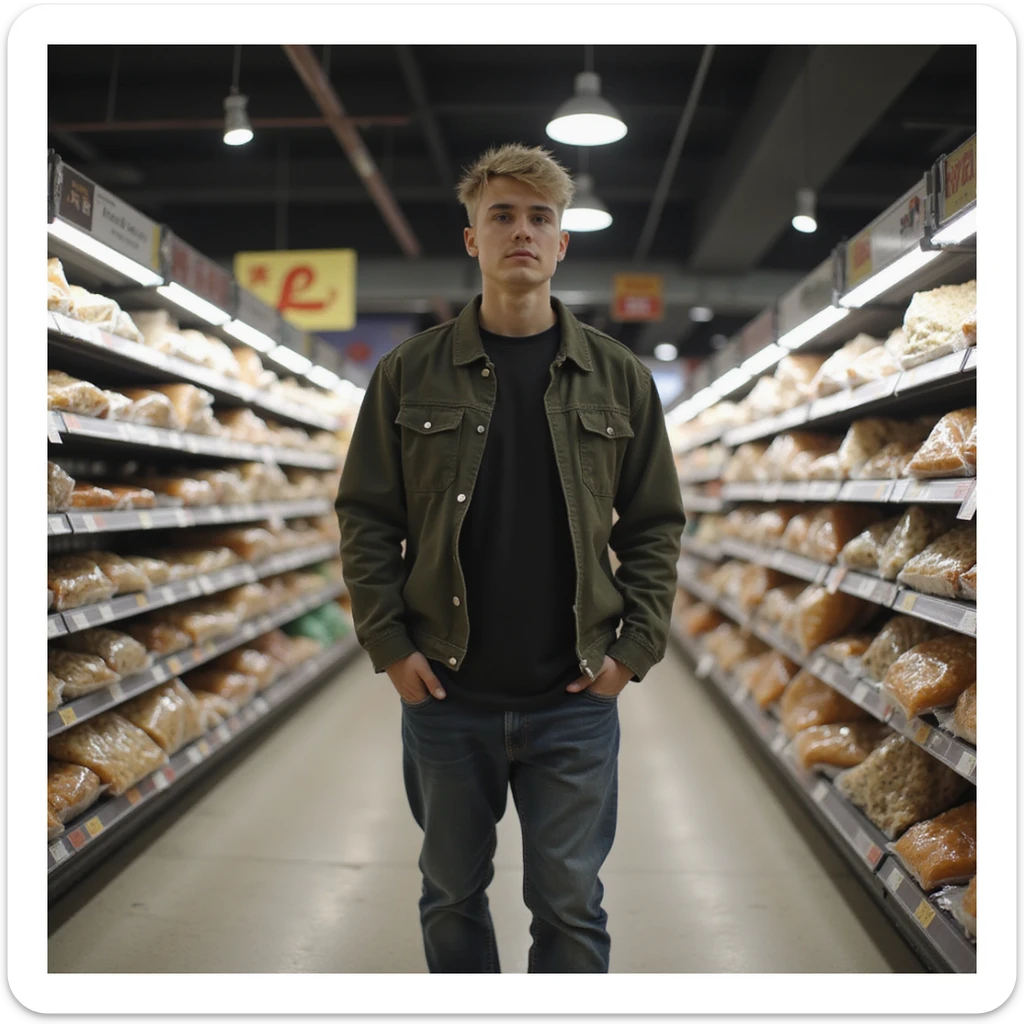 Justin Bieber in a supermarket aisle, casual clothes, photorealistic style sticker