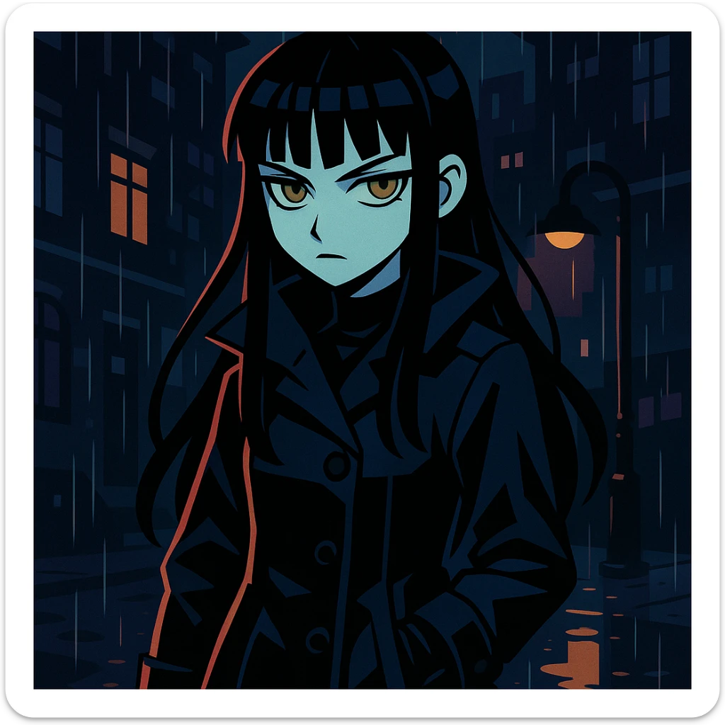gothic shoujo anime girl named EchoMoon, long black hair, sharp bangs, pale skin, amber green eyes, cold expression, dark raincoat, gloves, standing in rainy urban setting, dramatic lighting, ultra-detailed, moody, dark palette sticker