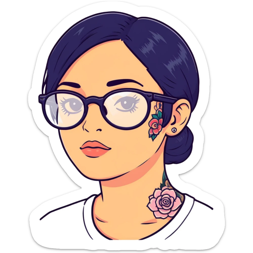 young girl with face tattoos wearing glasses and black hair sticker
