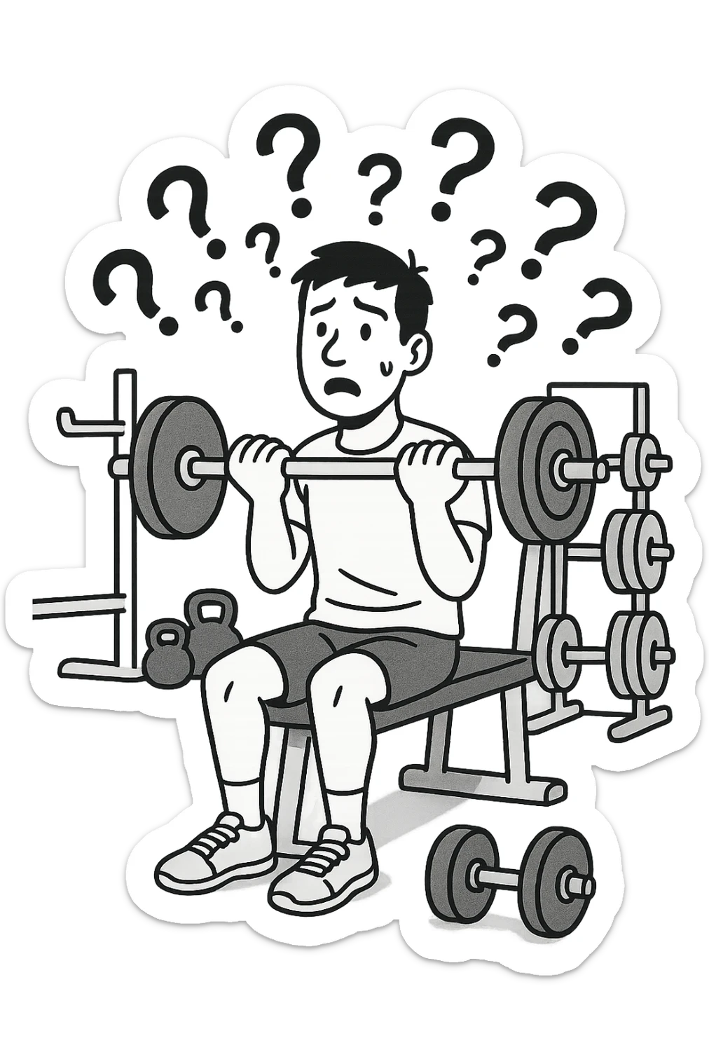 Uomo in palestra mentre si allena con tanti punti interrogativi intorno, confuso sticker