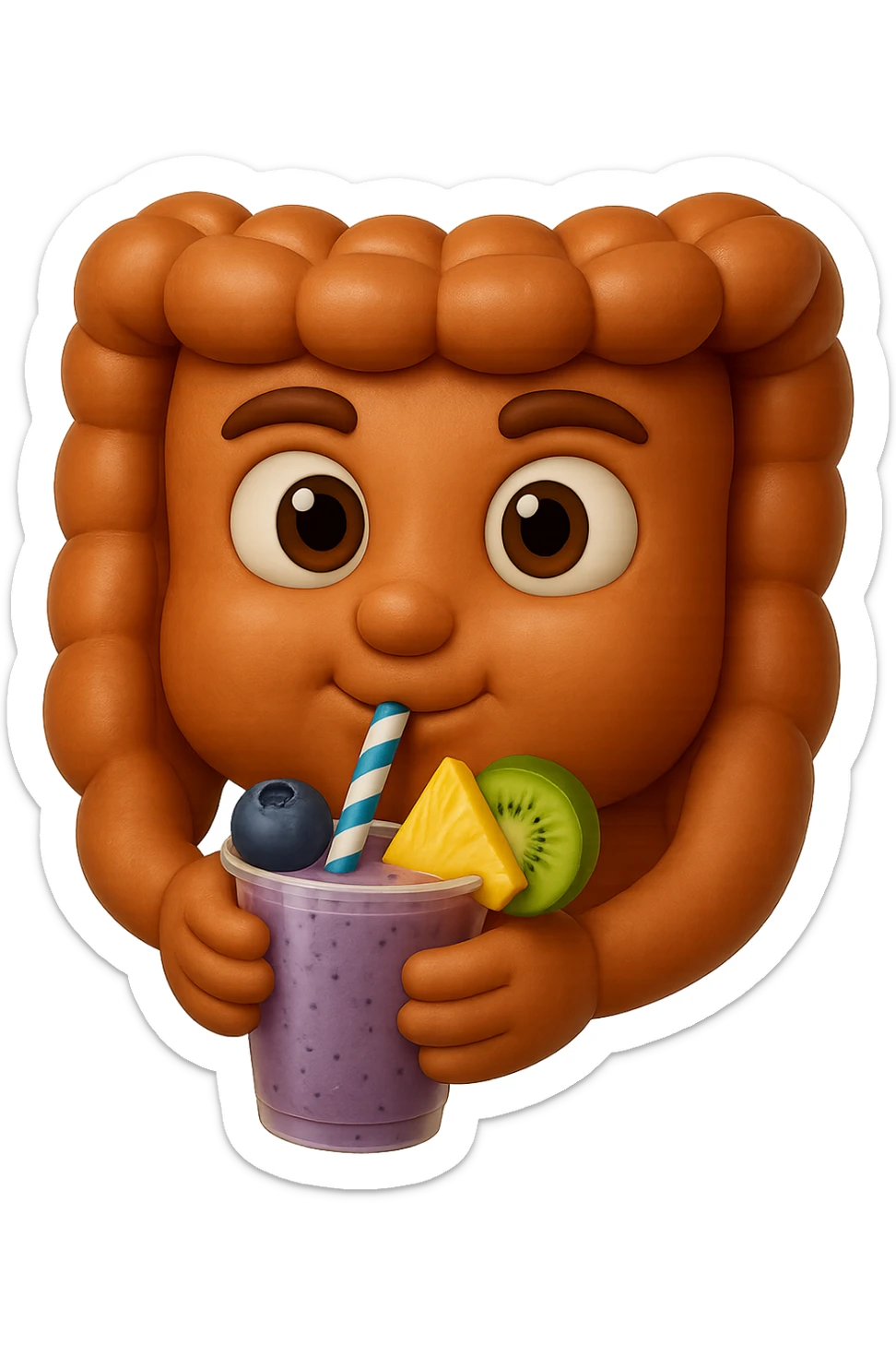 EMOJI STILE IPHONE DI un intestino umano anatomico che beve un frullato di mirtilli, ananas, kiwi, fagli anche la parte bianca degli occhi, non solo le pupille, REALISTICo 4K sticker