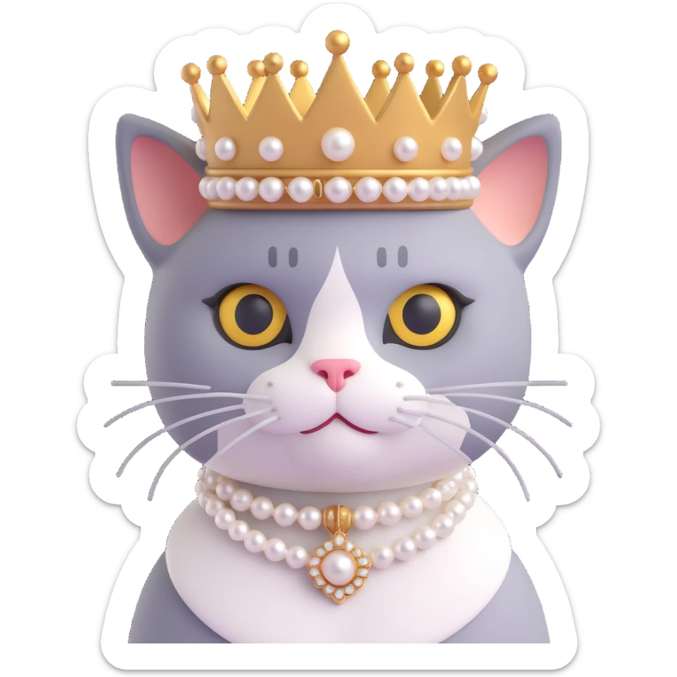 a posh cat wearing a pearl necklace and a tiny crown, looking proud and sophisticated sticker