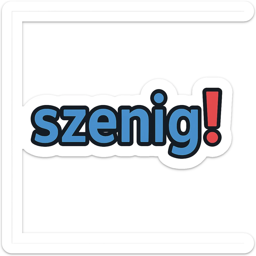 Text logo with the word 'szenig!' filling the entire area. The word 'szenig' is in blue, and the exclamation mark is in red. Modern, clear style with no background. sticker