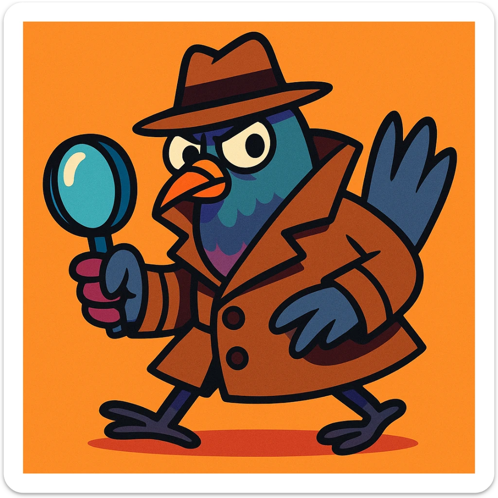 a cartoon pigeon with a trench coat and magnifying glass, looking sneaky, vibrant toon style sticker