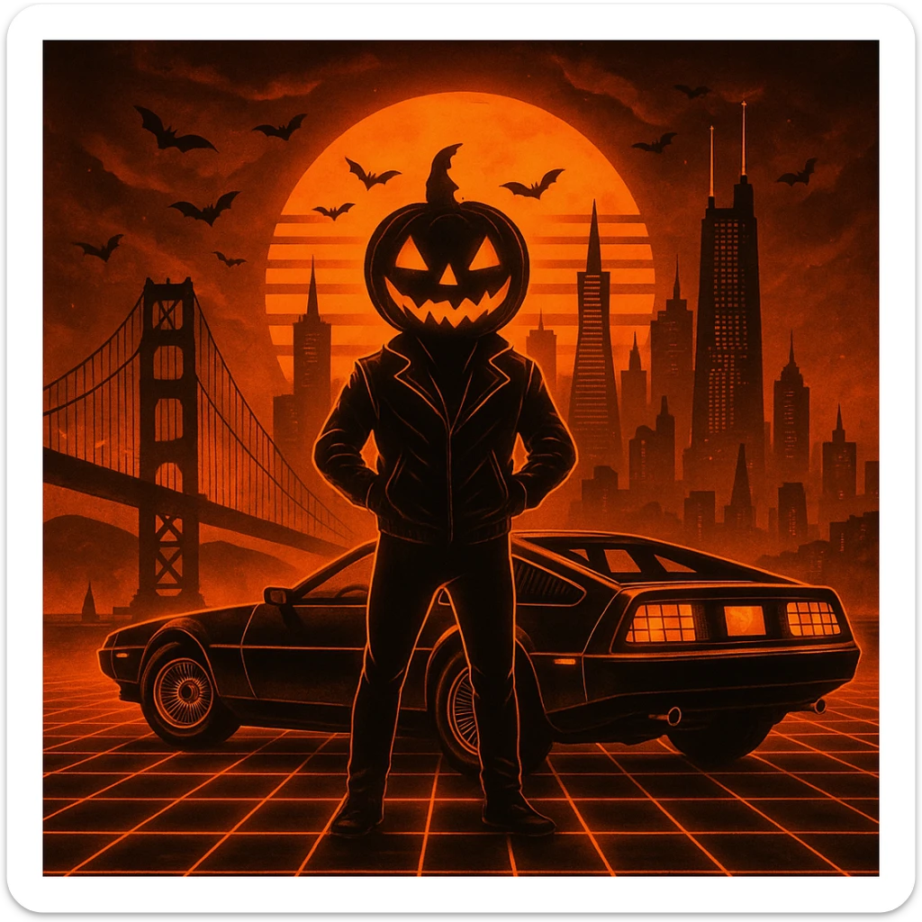 Make the head of the person a halloween pumpkin, make the entire image feel like Halloween retro, make the cityscape san francisco sticker