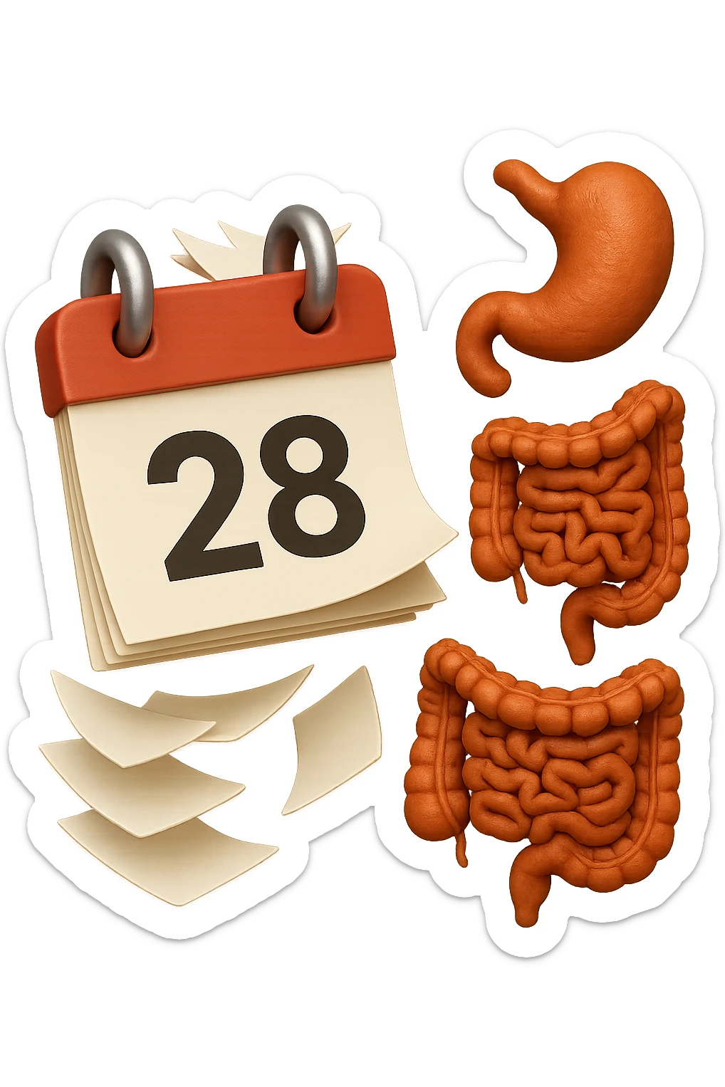 emoji stile iphone di un calendario con fogli che volano insieme a pezzi anatomici di colon umano, iperrealistico 4k, isolato su sfondo bianco sticker