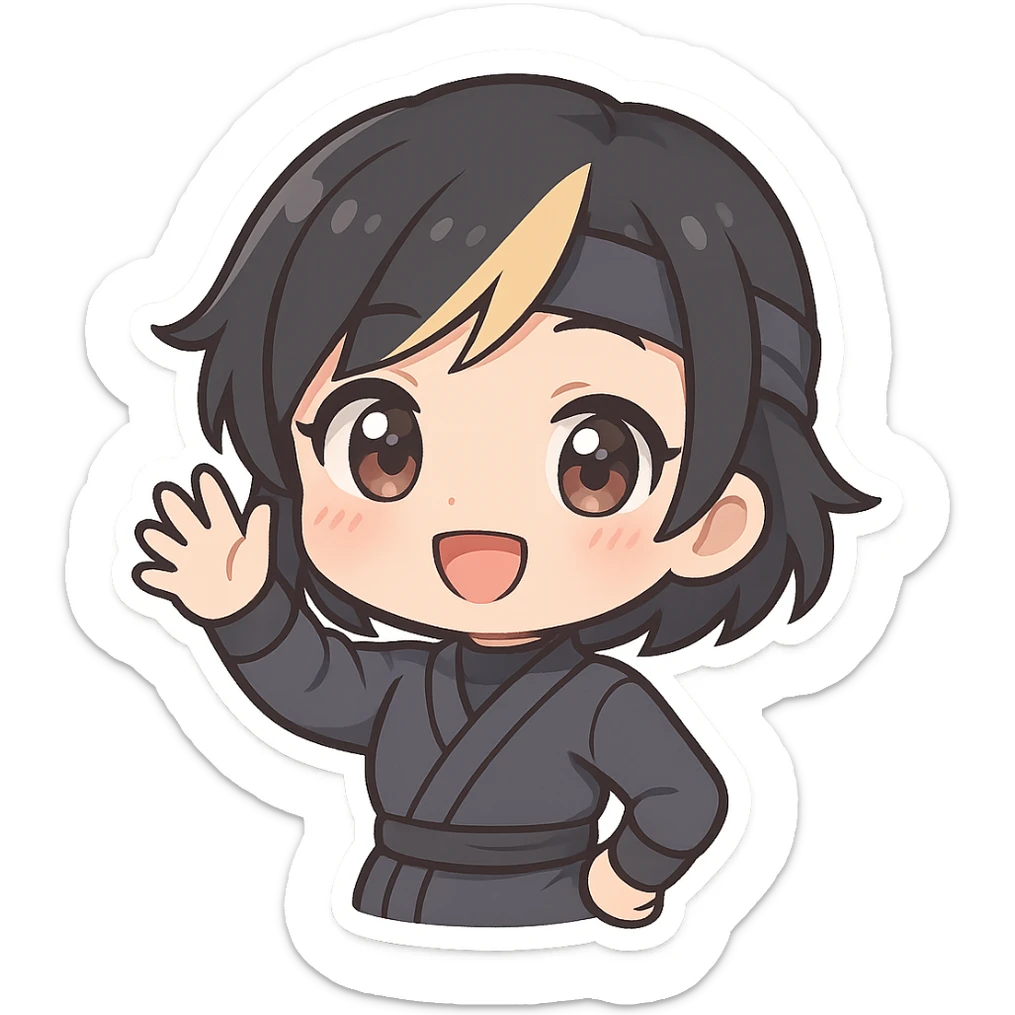 chibi ninja girl with black short hair and a blonde streak, big head, small body and arms, not overly round or infant-like, cute and playful, anime-style face with large expressive eyes, small nose and mouth, subtle blush, hand fully raised, waving, smiling, pastel colors, soft shading, clean outlines, no mask sticker