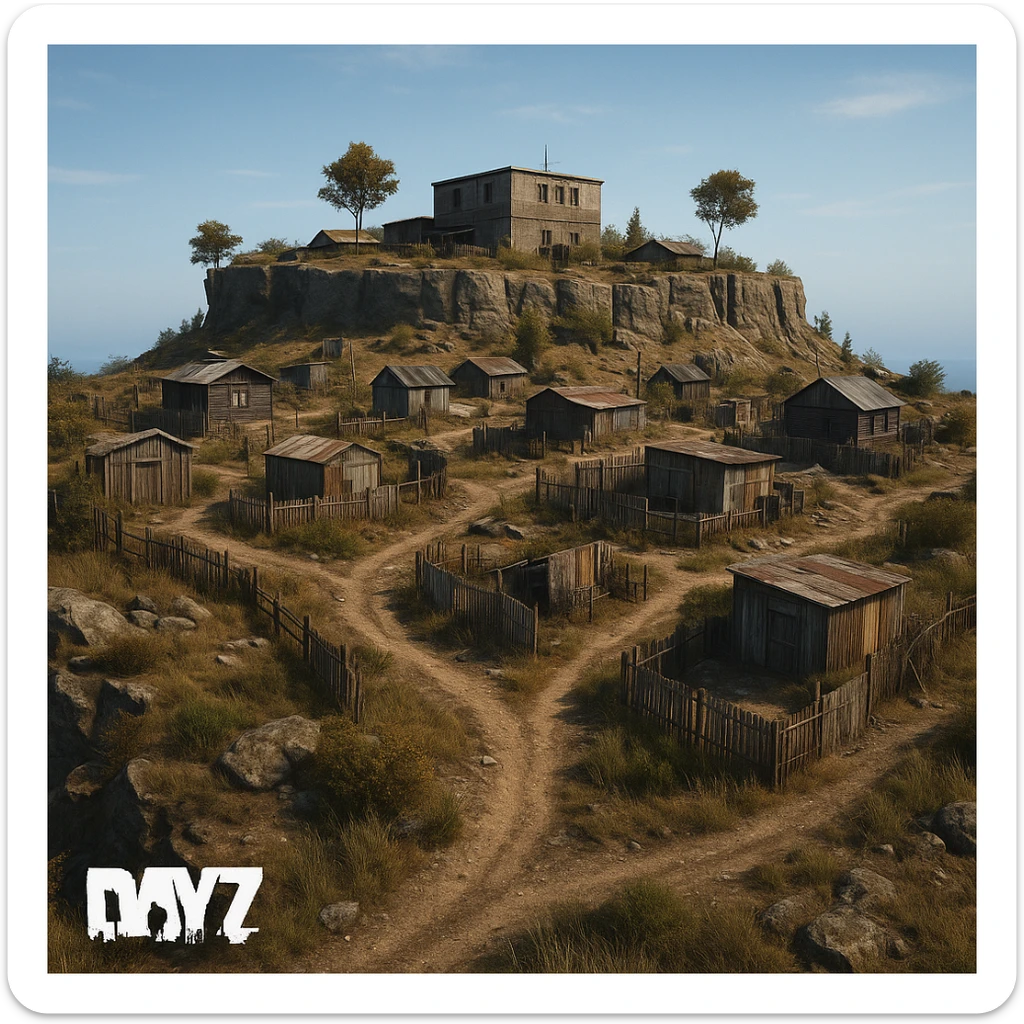 A small hilltop mesa city in the videogame dayz, screenshoot  sticker