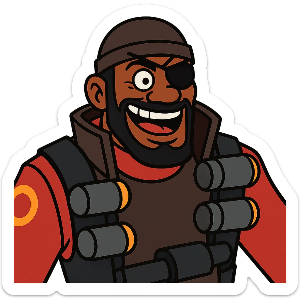 Demoman from TF2, close-up portrait, expressive face, cartoonish proportions, clean lines sticker