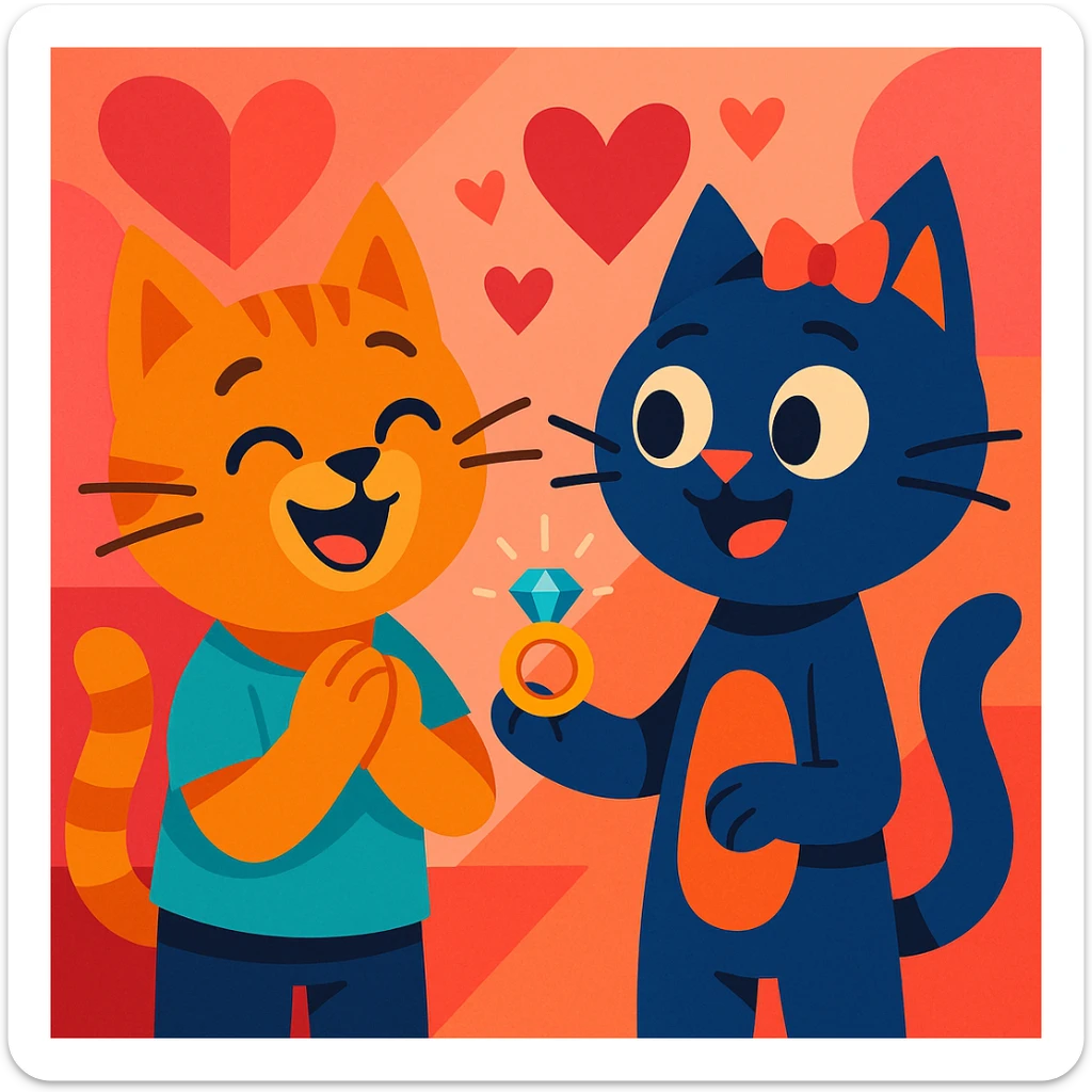 happy cat couple, one cat holding a ring, the other surprised and happy, romantic atmosphere sticker