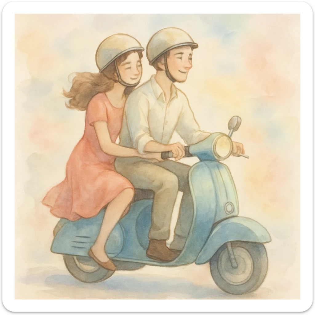 watercolour style, couple on a vintage scooter, pastel background, gentle brushstrokes sticker