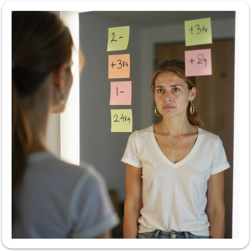 adult woman, photorealistic, in front of mirror with post-it notes showing weight variations ('-2kg', '+3kg', '-1kg', '+2kg'), puzzled expression, natural light, bathroom background sticker