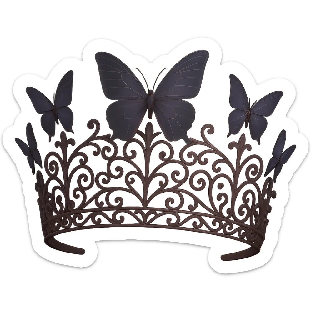 Butterfly crown in darker matte pink, purple butterflies, gothic filigree, mysterious and elegant, transparent background. sticker