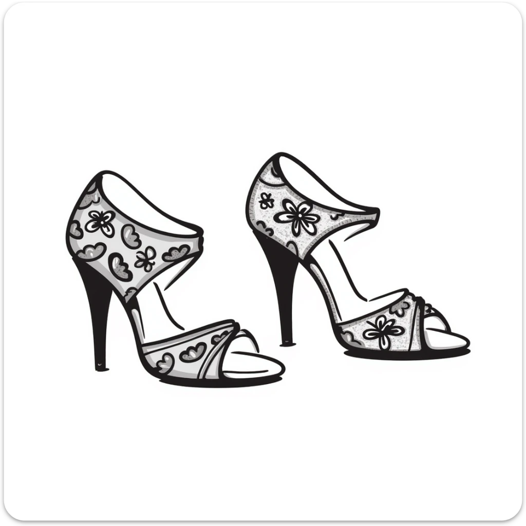 a pair of women's high heel shoes with elegant details, pastel colors dd9fb0, ffc6d3, a3bfc9, c4bee2, f1b091, detailed hand-drawn doodle style sticker