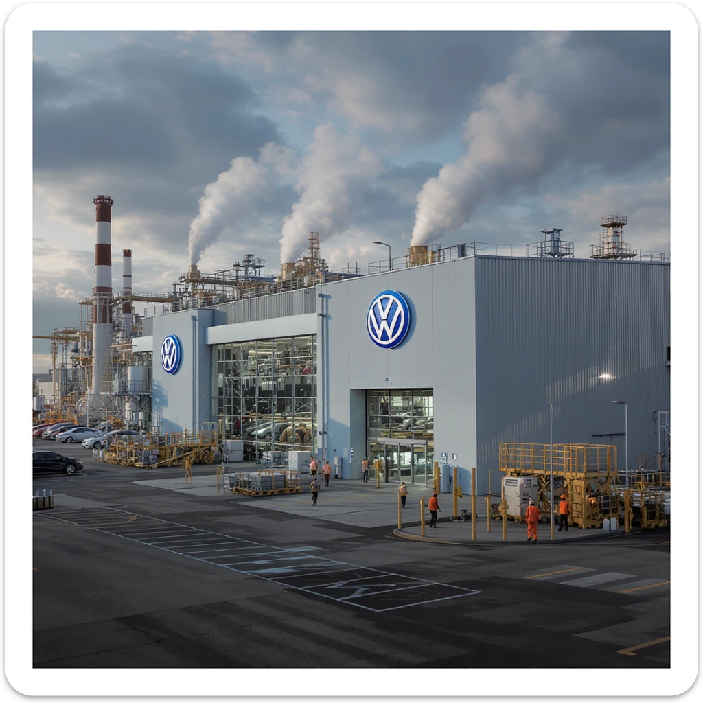 Realistic Volkswagen factory exterior, large industrial building with Volkswagen logo, parking lots filled with cars, factory grounds with machinery and equipment, realistic lighting and shadows, industrial atmosphere, workers in uniforms walking around sticker