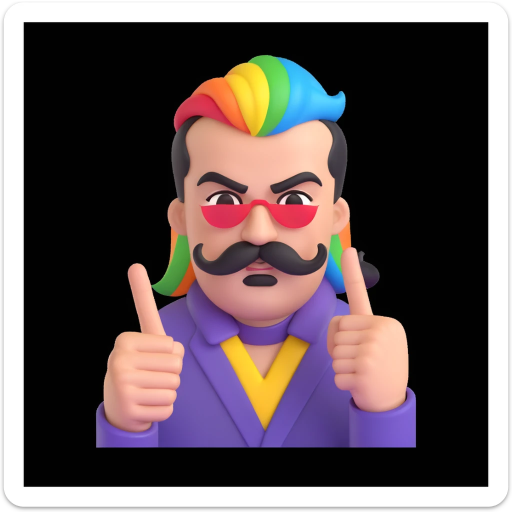 angry person with a rainbow mustache showing middle finger, pride colors, attitude sticker