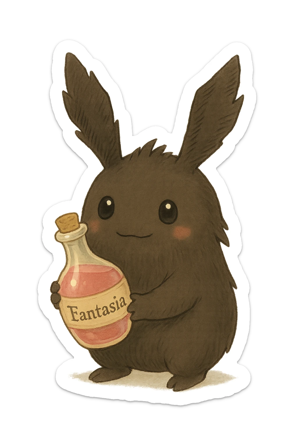 Final Fantasy spriggan holding a bottle of Fantasia, soft and whimsical ghibli style sticker