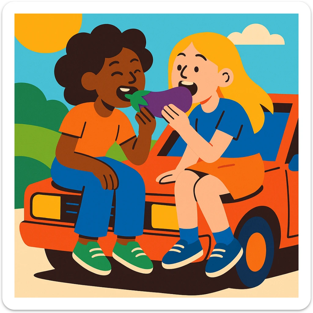 two girls eating an aubergine on the hood of a car, vibrant and playful style sticker