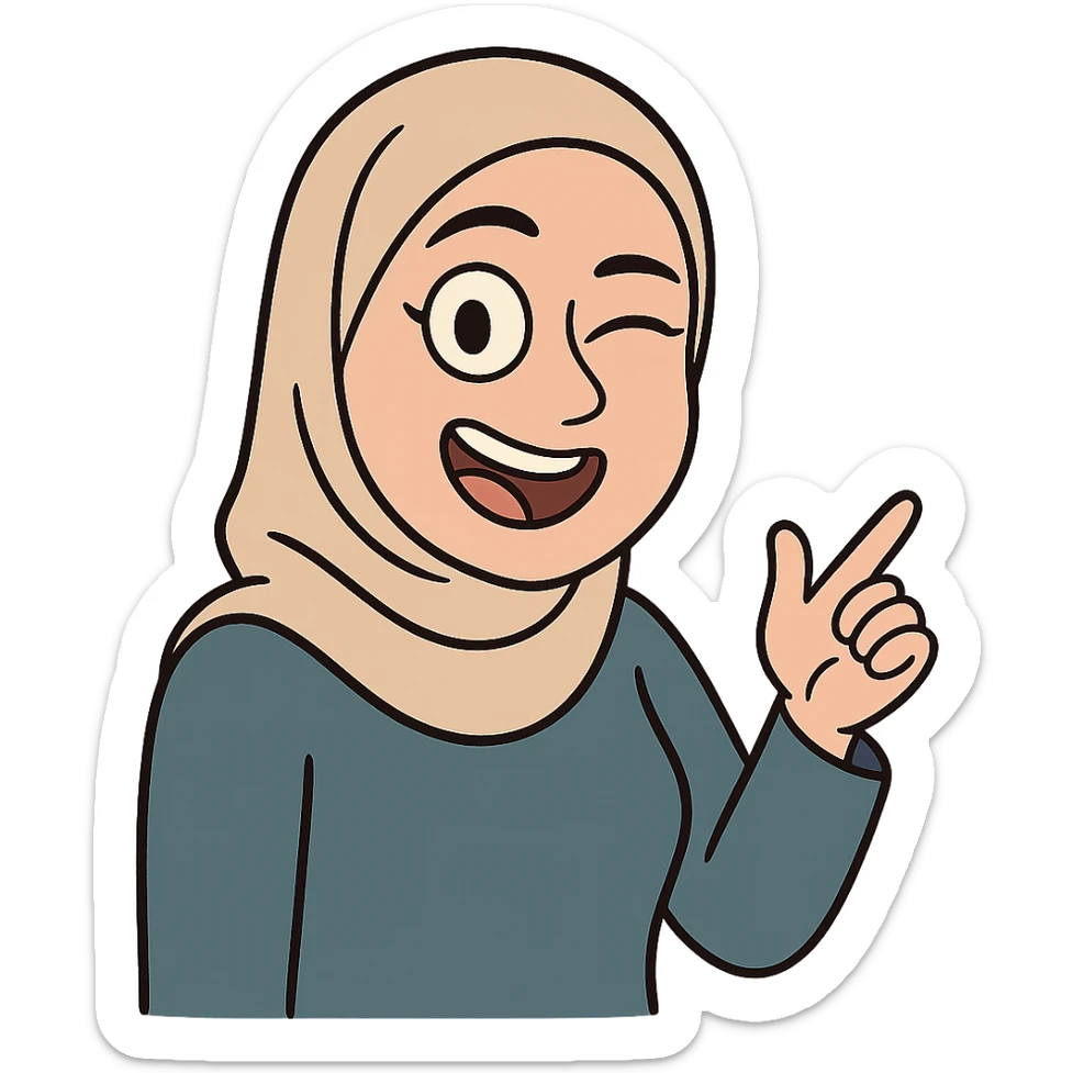 hijabi woman with medium fair skin, winking, cartoon style sticker